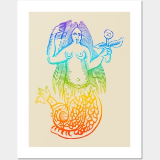 Rainbow Woodcut Mermaid Posters and Art